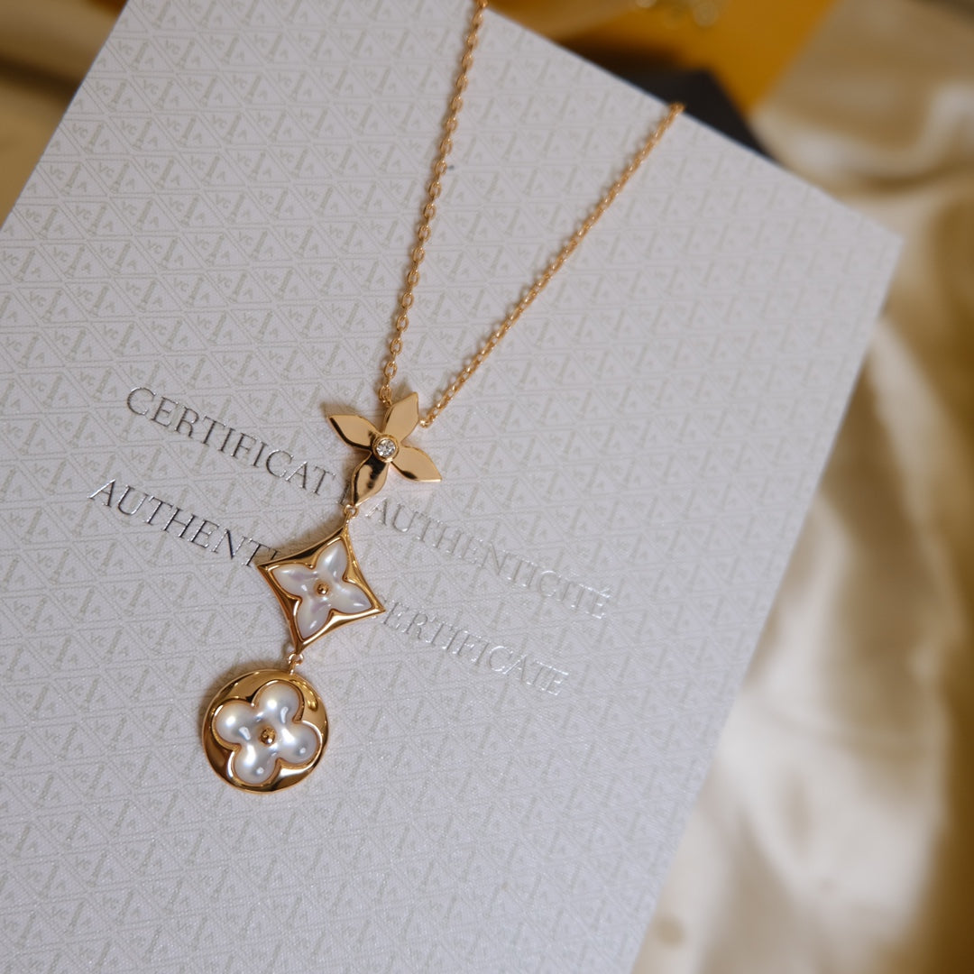 [Novalux]COLOR BLOSSOM LARIAT NECKLACE ROSE GOLD WHITE MOTHER PEARL AND DIAMOND