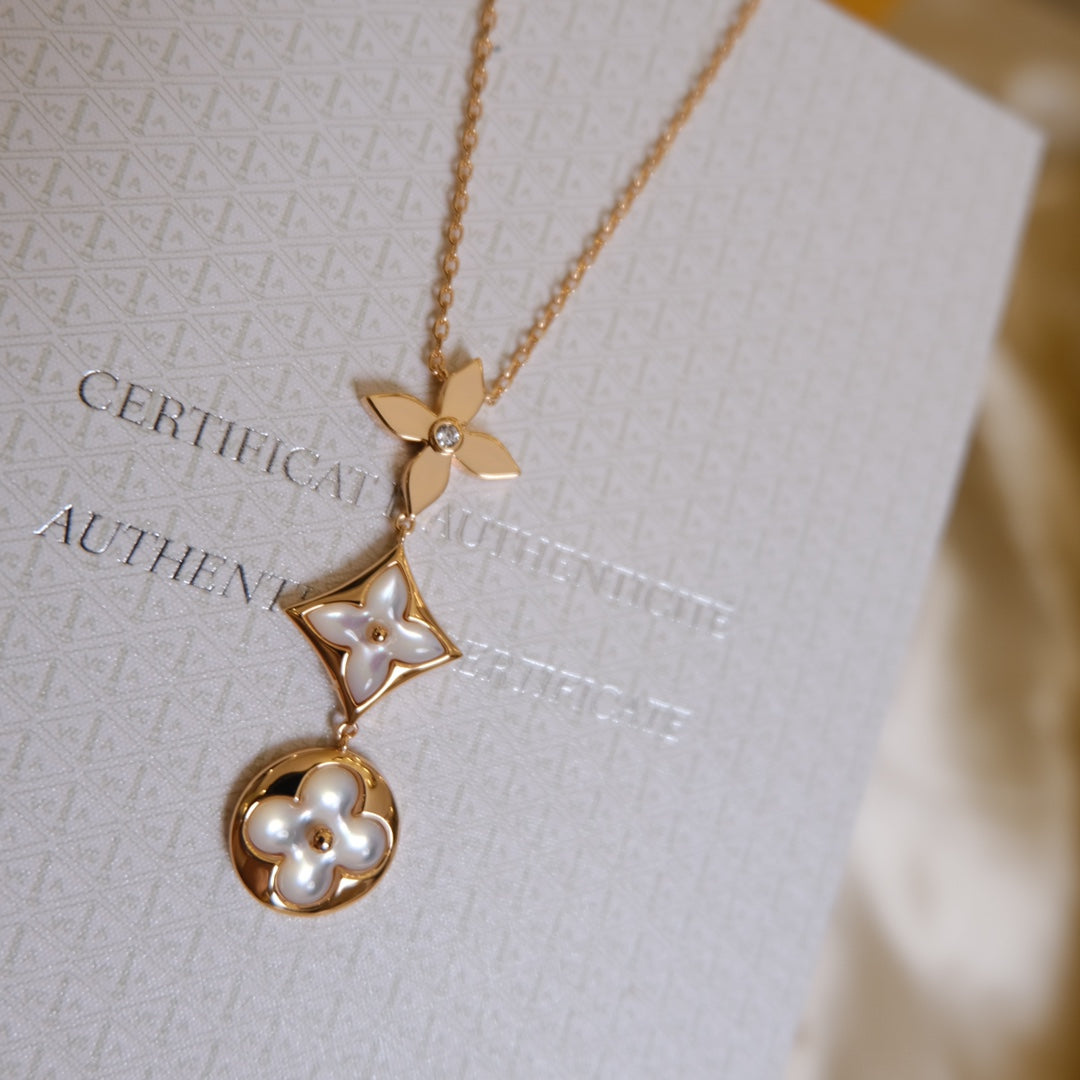 [Novalux]COLOR BLOSSOM LARIAT NECKLACE ROSE GOLD WHITE MOTHER PEARL AND DIAMOND