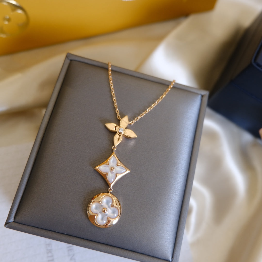 [Novalux]COLOR BLOSSOM LARIAT NECKLACE ROSE GOLD WHITE MOTHER PEARL AND DIAMOND